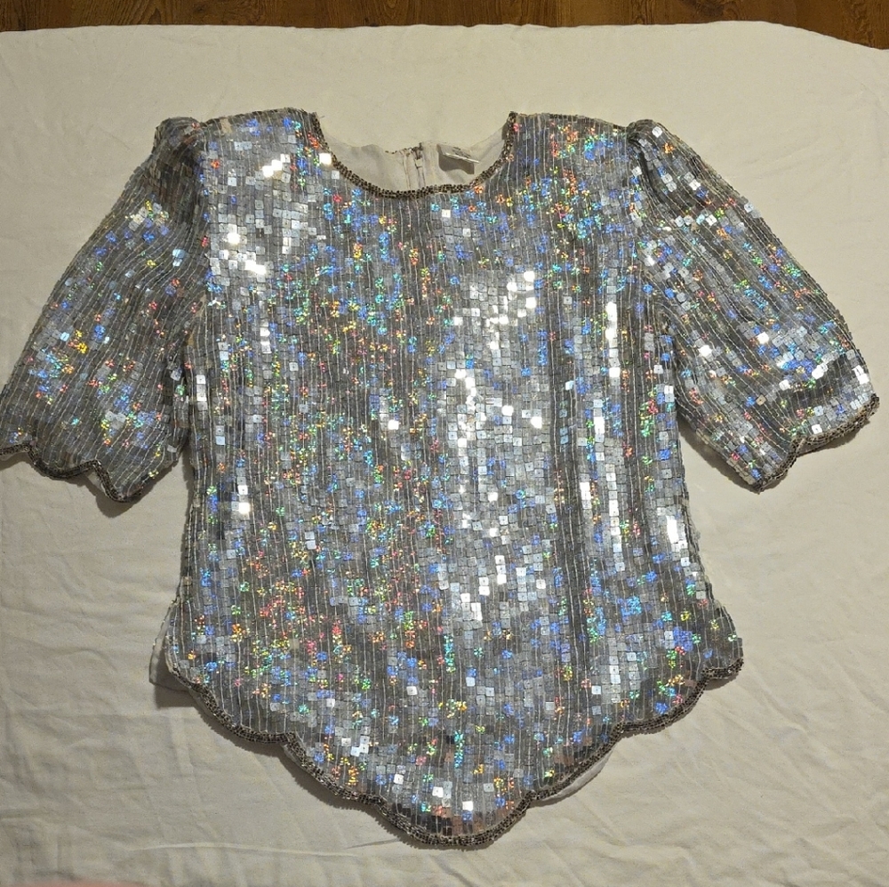 Silver Sequin Top with Puff Sleeves